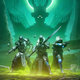 A group of Guardians stand, weapons drawn, while the Hive Queen looms behind them.